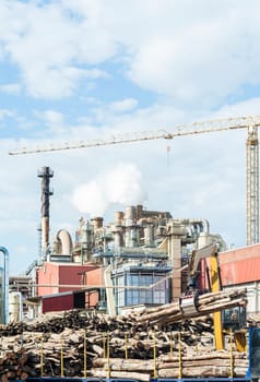 industrial plant of a furniture factory with smoking smokestacks,tubes,silos,crane ,truck and trunks.