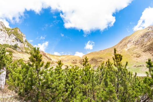Alpine landscape. Mountain pass with blue sky and clouds