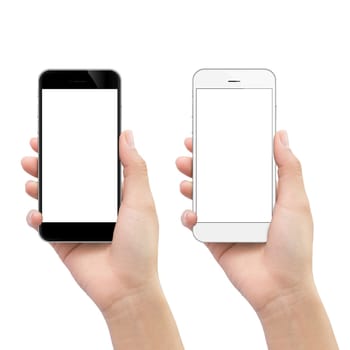 hand holding phone isolated on white clipping path inside