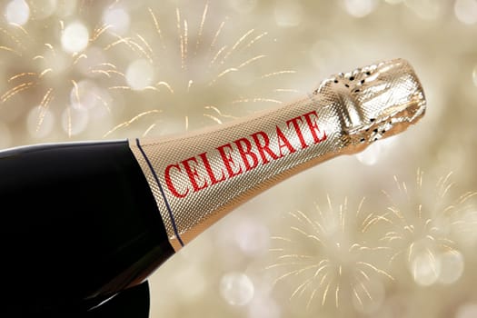 celebrate written on champagne bottle on new years eve