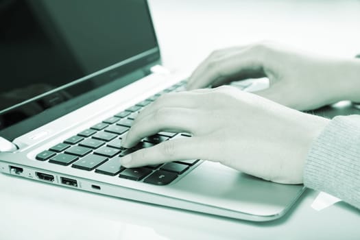 woman using laptop in green color
