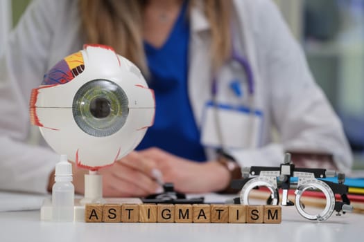This eye model vividly illustrates astigmatism within a clinical setting, which is essential for eye care education