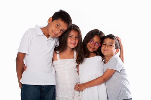 Family of happy brothers and sisters friendship friends, together on white.