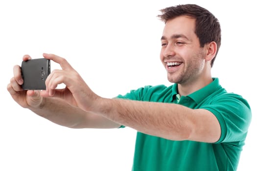 Young handsome man taking a selfie or or chat with someone