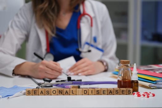 A trained healthcare professional is addressing seasonal diseases with various medications and tools
