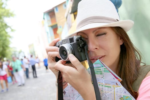 Tourist taking picutre in La Boca neighborhood, Buenos Aires