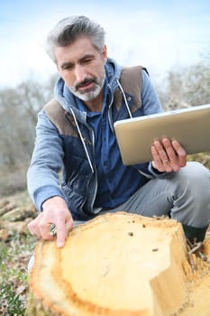 Environment scientist looking at tree trunk and using tablet
