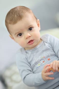 Portrait of cute baby boy eating child biscuit