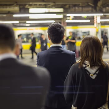 Passengers traveling by Tokyo metro. Business people commuting to work by public transport in rush hour. Shallow depth of field photo.