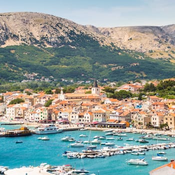 Panoramic view of Baska town, popular touristic destination on island Krk Croatia Europe.