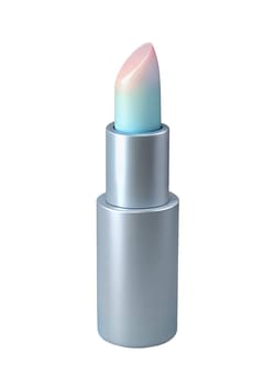 A sleek holographic 3D representation of a lipstick tube with a gradient color design, isolated on white background, symbolizing beauty, elegance, and fashion.