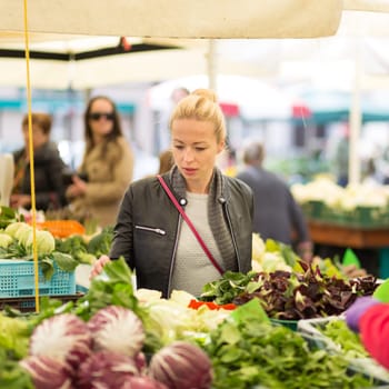 Woman buying fruits and vegetables at local food market. Market stall with variety of organic vegetable.