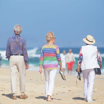 Active seniors enjoying beach walk. Active ageing, healthy lifestyle and well-being throughout life course concept.