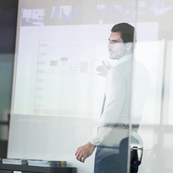 Business man making a presentation in front of whiteboard. View through glass.