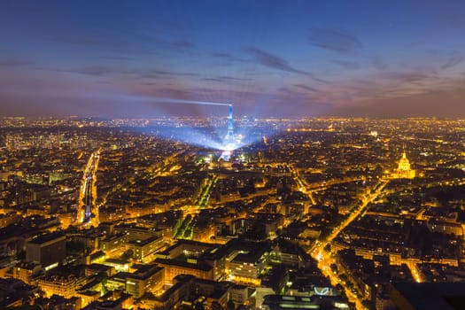 Paris, France - June 6, 2016: Aerial view of One-off concert by David Guetta on the Champ de Mars, in front of Eiffel tower, pre UEFA European Championchip event in Paris, France on June 9th 2016.