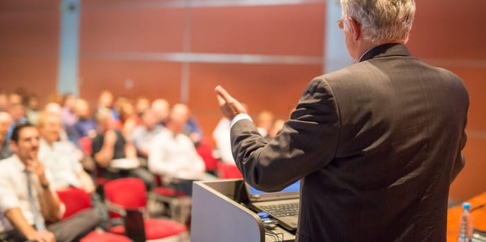 Speaker at Business Conference with Public Presentations. Audience at the conference hall. Entrepreneurship club. Rear view. Horisontal composition. Background blur.