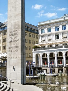Hamburg, Germany - May 22, 2008: War memorial of First World War at Kleine Alster, bridge Schleusenbruecke.