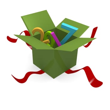 Open gift box with the Year 2017 on a white background, 3d rendering