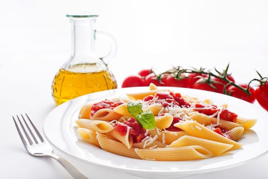 Plate of penne pasta with tomato sauce and parmesan cheese.