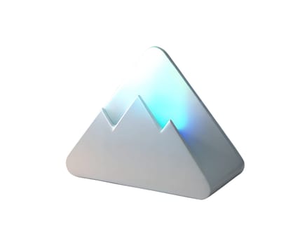 A sleek and modern 3D holographic icon of a mountain, with a smooth and shiny finish, isolated on white background, representing nature, adventure, and exploration in a minimalistic design.