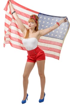 a sexy pin up girl isolated holding an American Flag