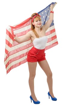 a sexy pin up girl isolated holding an American Flag