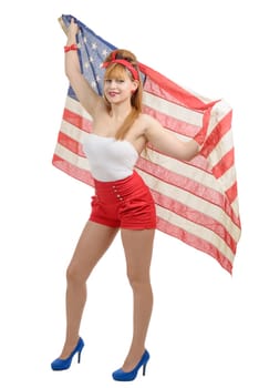 a sexy pin up girl isolated holding an American Flag