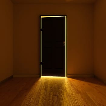 Dark room with an illuminated door