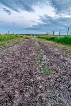 Gravel Road with Moon in cultivated farm field.