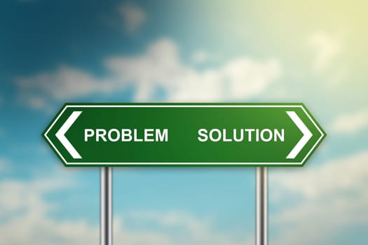 solution and problem on green road sign with blurred blue sky, dark and bright side concept