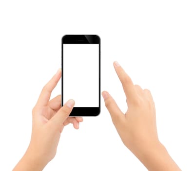 close up hand touching on phone isolated white clipping path inside clean and easy adjustment