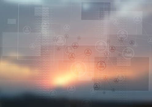 Abstract tech design on magic sunset backdrop. Design pastel colors