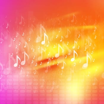 Music notes bright abstract background. Waves design, yellow and pink colors