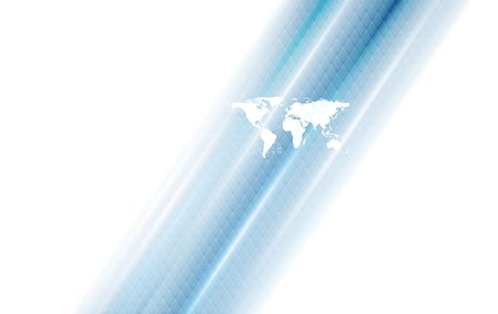 Hi-tech background with world map and blue stripes