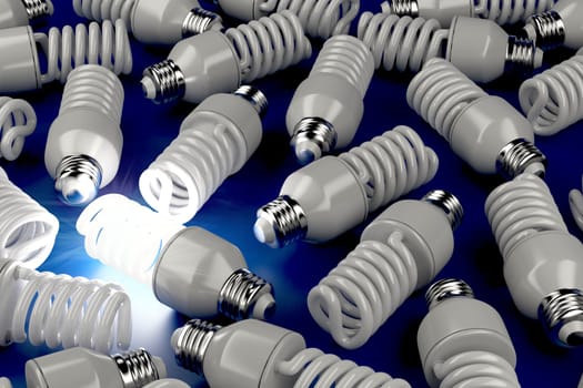 One glowing light bulb, different from the others