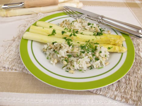 Herbal rice with barley and fried asparagus