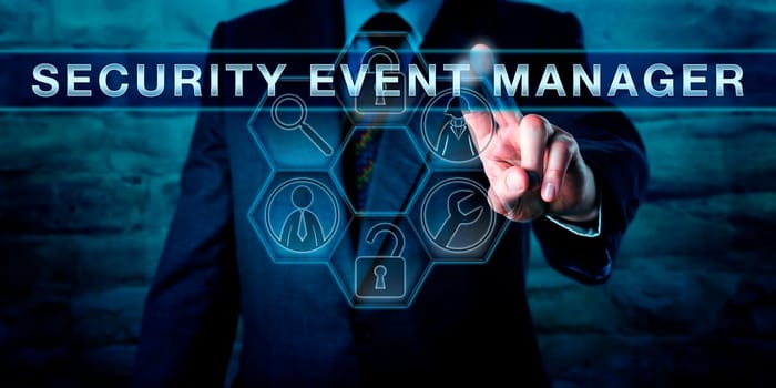 Administrator touching SECURITY EVENT MANAGER on an interactive virtual control display. Business metaphor and information technology concept for tools used for centralized interpretation of logs.