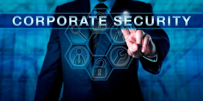 Business manager is touching CORPORATE SECURITY on a virtual interactive control screen. Information technology metaphor and physical security concept. Symmetrical composition with tool icons.