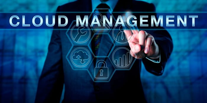 Service provider pushing CLOUD MANAGEMENT on an interactive touch screen display. Business metaphor and information technology concept for configuration and managing of cloud computing services.