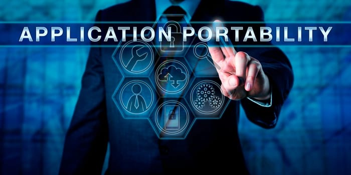 Managed service user pushing APPLICATION PORTABILITY on a virtual touch screen interface. Business and portable software metaphor. IT concept for program applications synchronized across devices.