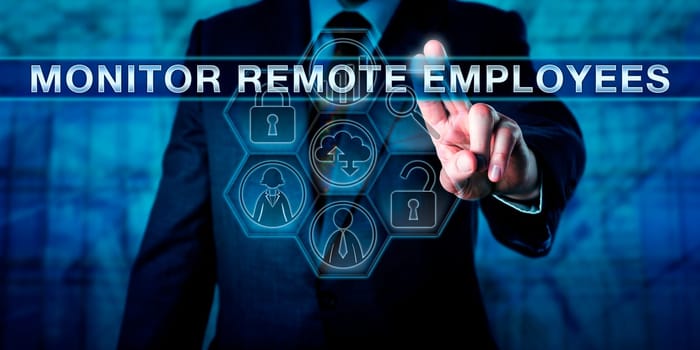 HR manager is pressing MONITOR REMOTE EMPLOYEES on an interactive virtual touch screen. Business metaphor and information technology concept for supervision of bring-your-own-device work practices.