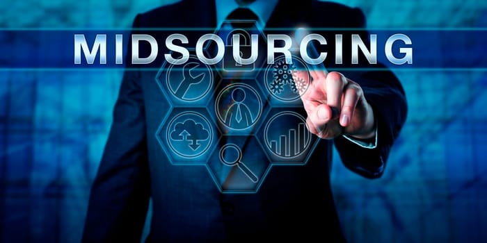 High tech engineer is touching MIDSOURCING on a virtual interactive control display. Business metaphor and information technology concept for contracting a local engineering service provider.