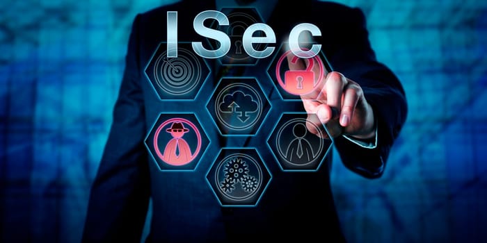 Corporate cyber security expert pressing ISec on interactive touch screen interface. Business and information technology concept for information security and protection from malicious cyber attacks.