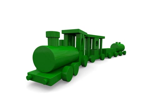 Small green toy train isolated on white background. 3D rendering.