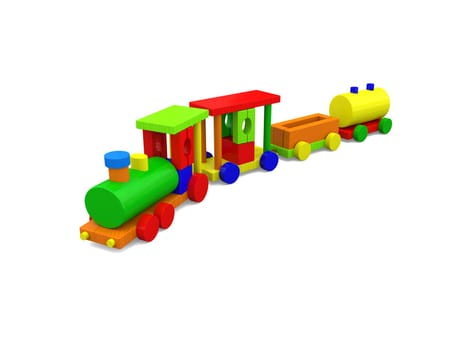 Colorful wooden toy train isolated on white background. 3D illustration.