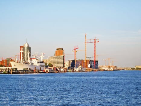 Hamburg, Germany - May 22, 2008: The Elbphilharmonie theater under construction. View from river Elbe.