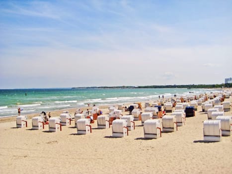 Timmendorfer Strand, Germany - May 23, 2008: View over beach of Timmendorfer Strand with beach chairs and baltic sea