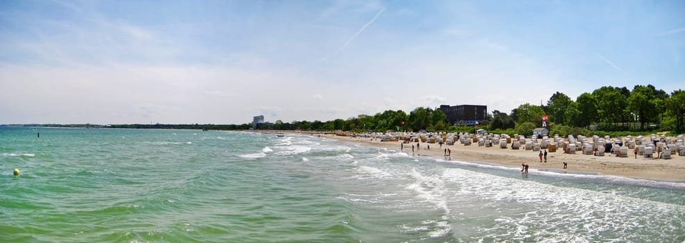 Timmendorfer Strand, Germany - May 23, 2008: Beach in Timmendorfer Strand panorama - beach chairs at baltic sea