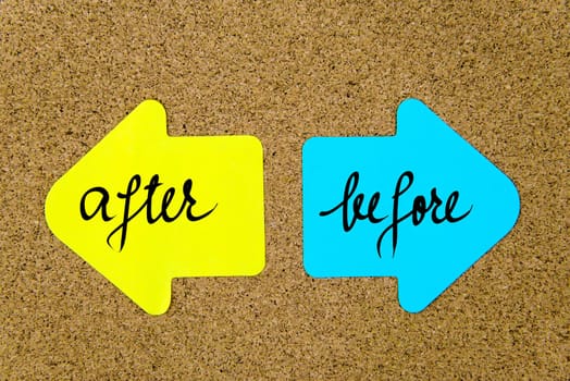 Message After versus Before on yellow and blue paper notes as opposite arrows pinned on cork board with thumbtacks. Choice conceptual image