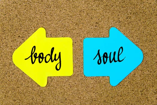 Message Body versus Soul on yellow and blue paper notes as opposite arrows pinned on cork board with thumbtacks. Choice conceptual image